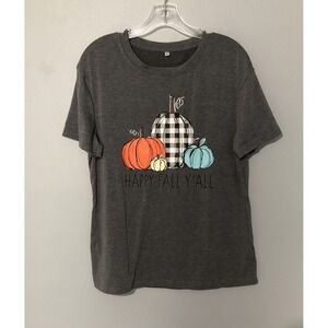 Happy Fall Yall Graphic Pumpkin Farmhouse‎ Tee  Shirt Women Medium Gray